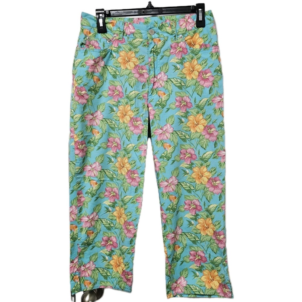 Lauren Ralph Lauren Pants Women 8 Blue Floral Crop High Rise Tropical Hibiscus